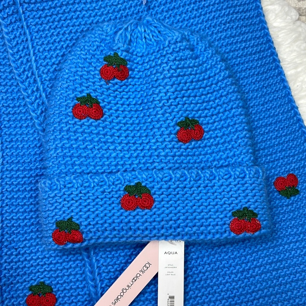 NEW AQUA Blue Hat with Cherries
